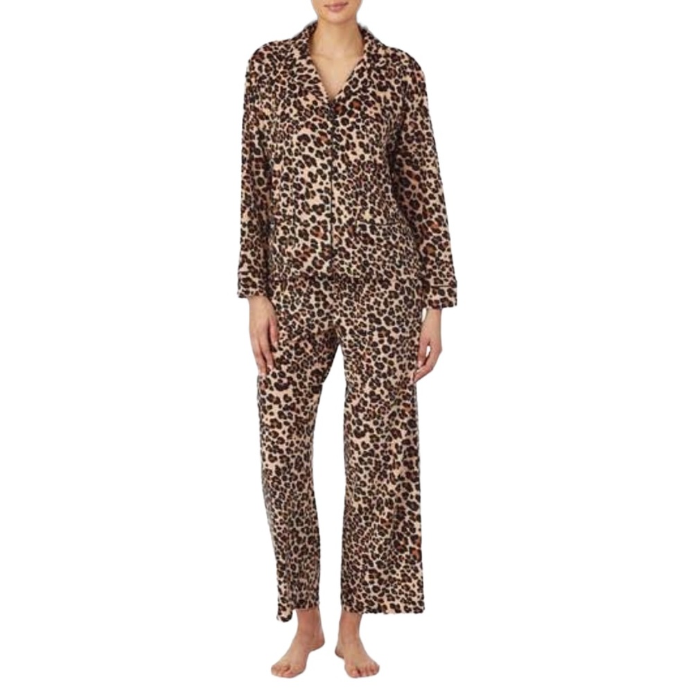 NORDSTROM Flannel Patchwork Shore Leopard Print Pajama Set Tan/Black NWOT
